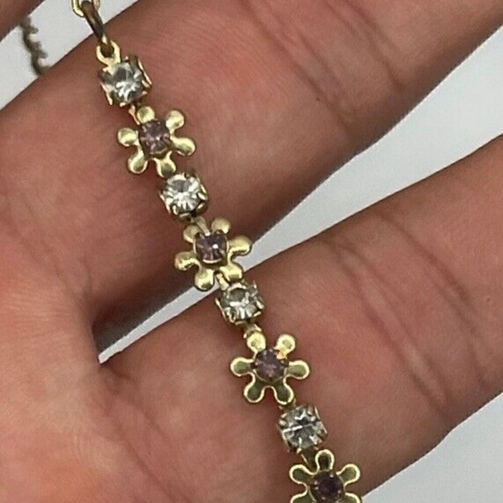 AVON Vintage SP Pink Daisy Open Back Rhinestones Gold Tone Bracelet 10.5 Inch